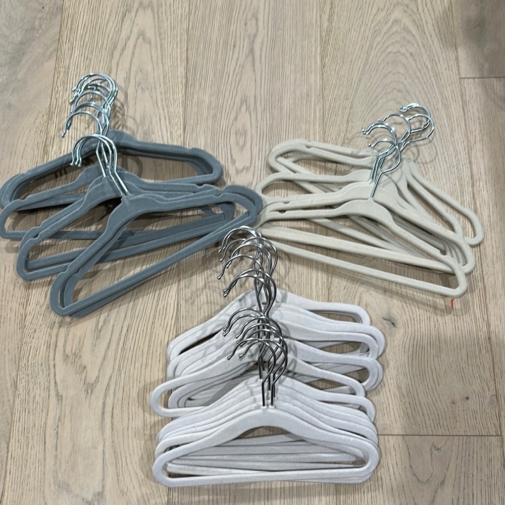 Set of 40 Velvet Hangers for baby & toddler  in Gray, Cream, and White.